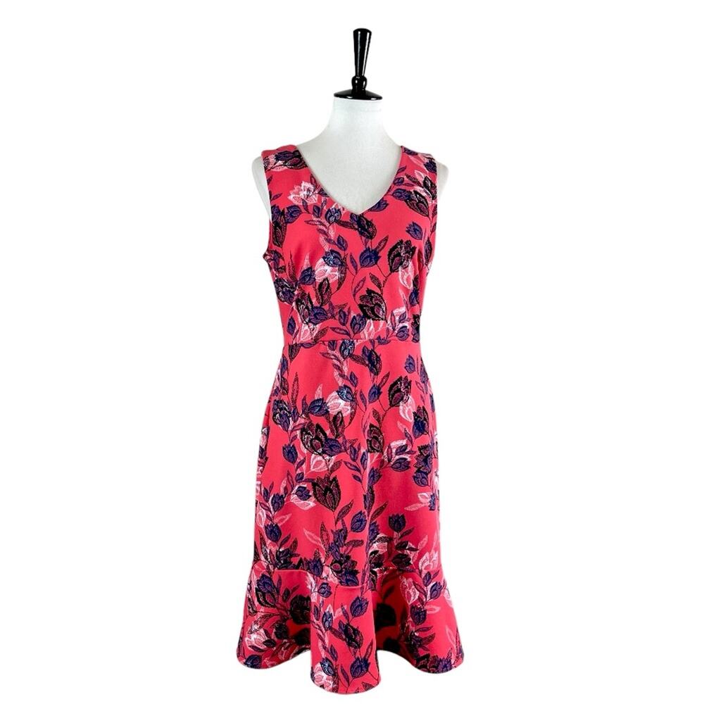 Banana Republic A-line Dress V-neck Ruffle Hem Sleeveless Coral Floral Women’s 8